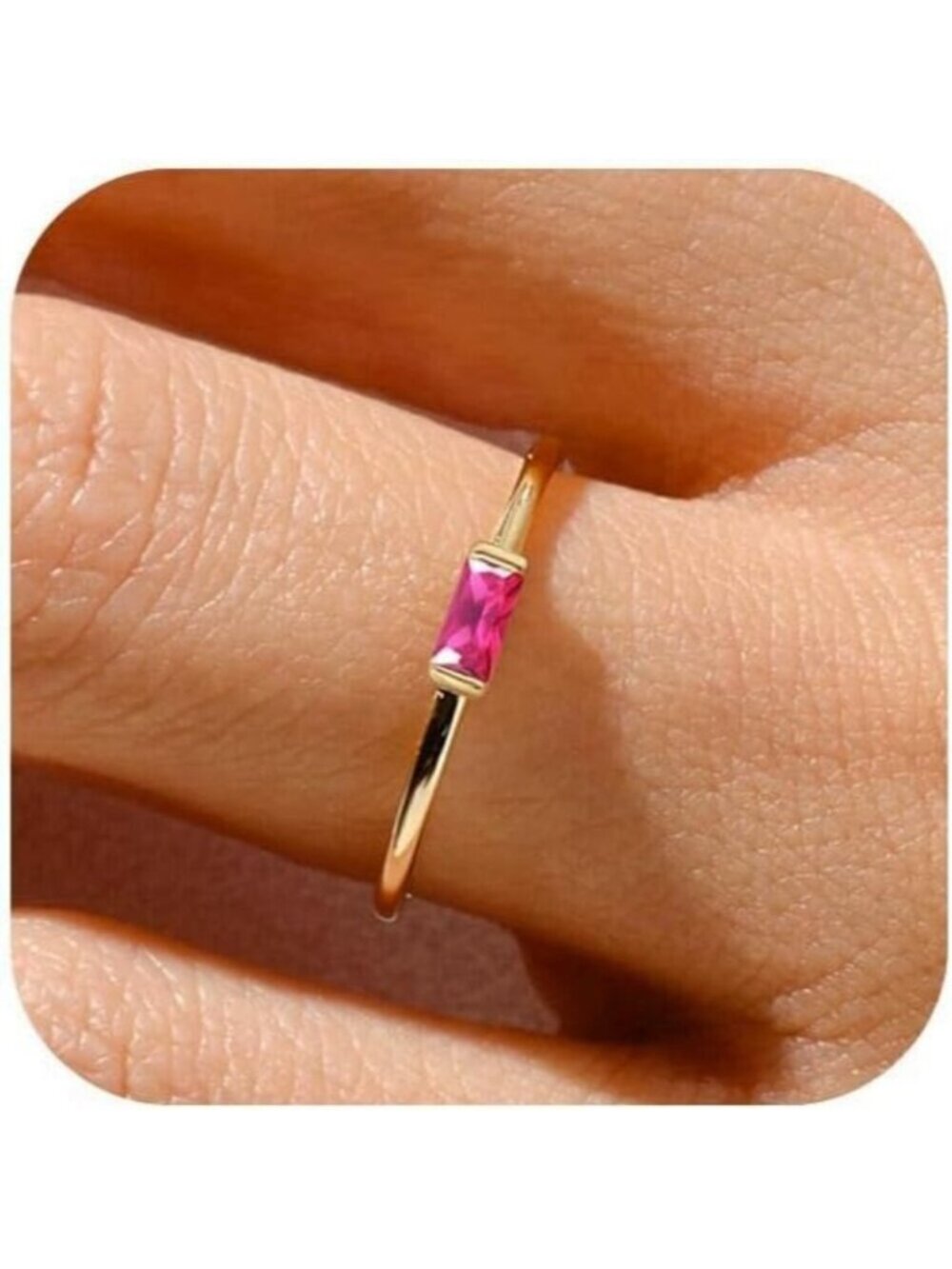 Women Pink/gold Non Tarnish Dainty 14k Gold Plated Baguette Emerald Stone Ring